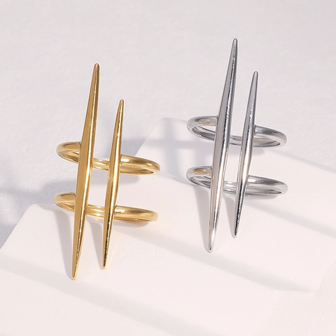 Stainless Steel Open Ring 18K Gold Plated Geometric Spike Punk Style Double Layer Adjustable Jewelry For Women