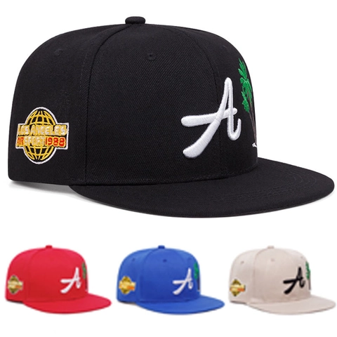 Casquette De Baseball À Visière Plate Coton Broderie Lettre A Palmier Hip Hop Snapback Ajustable Chapeau Soleil
