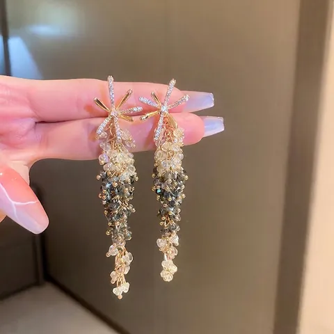 Pendientes De Flores Con Diamantes De Imitación Borlas Largas De Cristal Joyería Con Poste De Plata Mujer