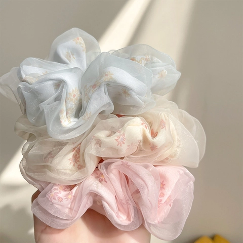 Florale Organza Scrunchies Netz Haargummi Gänseblümchen Druck Übergroße Süße Ästhetik Haaraccessoires Für Frauen