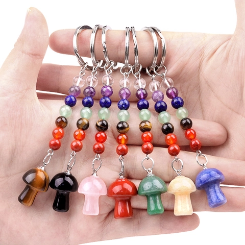 Portachiavi Fungo in Pietra Naturale Con Perline di Cristallo Curative 7 Chakra Ciondolo in Lega per Borsa Zaino Accessorio Regalo Uomo Donna