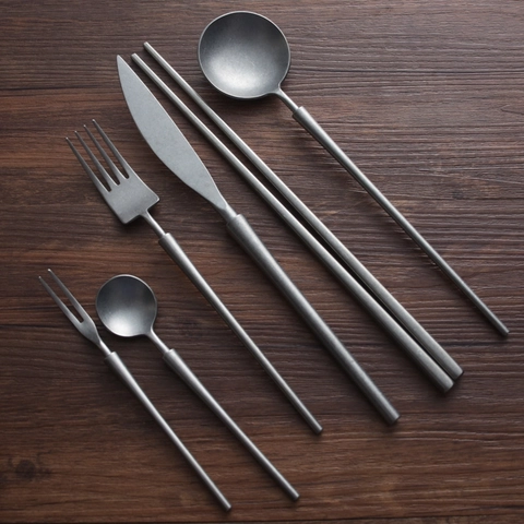 Retro Matte Silver Grey 304 Stainless Steel Dinner Knife Fork Spoon Chopsticks Vintage Long Handle Flatware For Elegant Dining