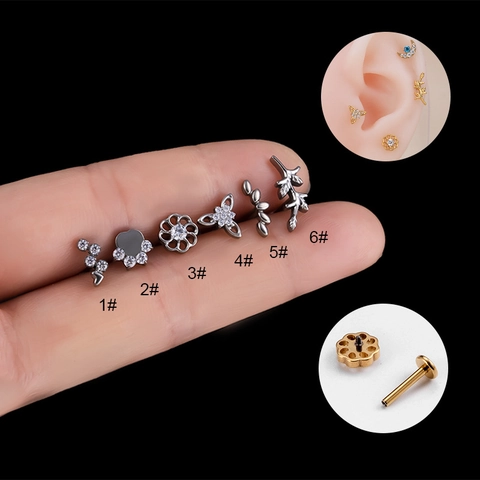 Titanium G23 Cartilage Earring Stud With Cubic Zirconia Leaf Flower Design Internal Thread Fashion Piercing Jewelry
