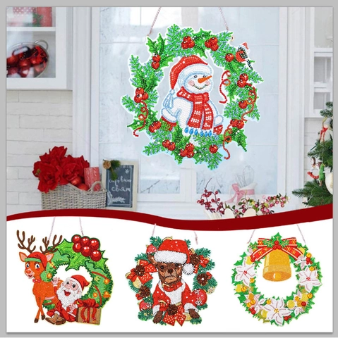 DIY Diamond Painting Christmas Wreath Rhinestone Art Hanging Ornament For Home Window Xmas Holiday Decoration