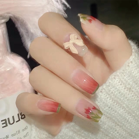 Press On Nails Pink Gradient Green Tulip Floral Pattern 3D White Bow Short Square Artificial False Nails For Women