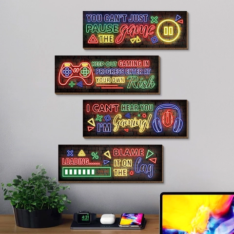 Wooden Gaming Wall Signs Neon Effect Gamer Room Decor Controller Loading Bar Posters For Man Cave Bedroom