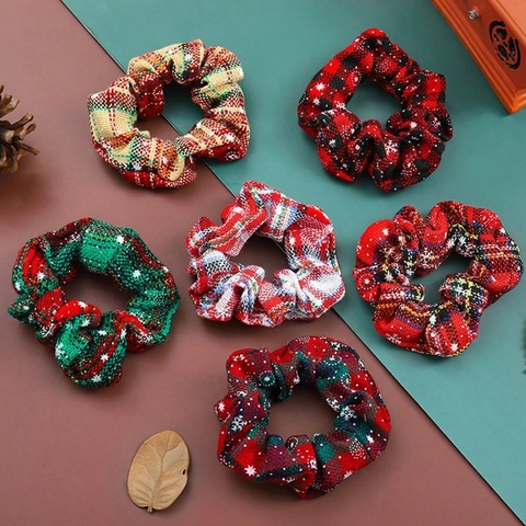 Chouchous De Noël En Tissu Élastiques À Carreaux Écossais Motifs Flocons De Neige Accessoires Cheveux Fête