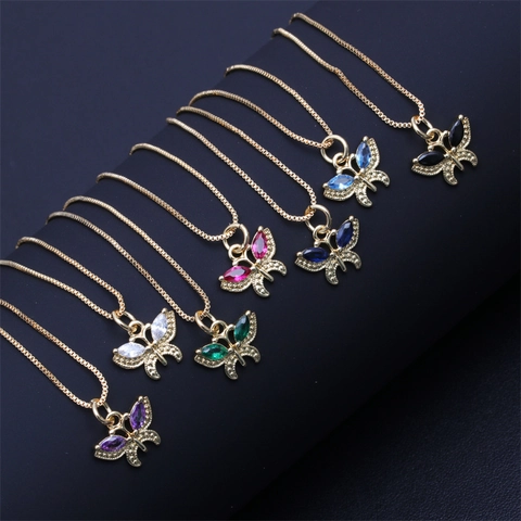 Butterfly Pendant Necklace Copper Brass With Colorful Cubic Zirconia Minimalist Ins Style Clavicle Chain Jewelry For Women
