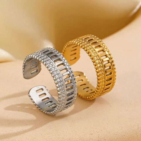 Stainless Steel Hollow Geometric Open Adjustable Ring Beaded Edge Retro Industrial Style Hip Hop Versatile For Women