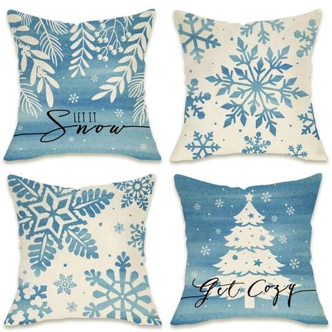 Decoratieve Kussenslopen Met Blauwe Witte Sneeuwvlok Kerstboom Winter Linnen Kussenslopen Voor Bank Vakantie Huisdecoratie