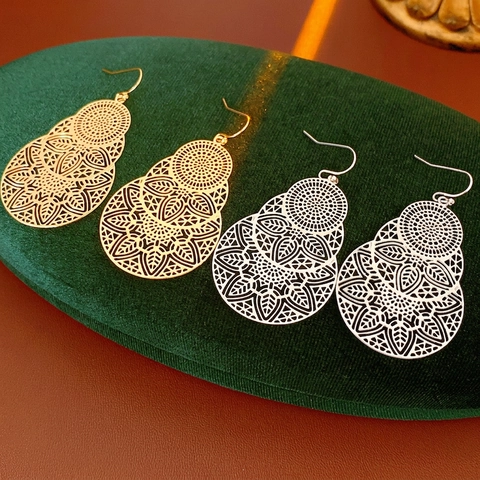 Pendientes Colgantes Redondos Huecos De Mandala Para Mujer Pendientes De Cobre Bohemios Vintage Con Poste De Acero