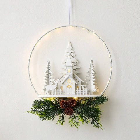 LED Christmas Wooden Hanging Ornament White Laser Cut Castle Elk Snowman Light Up Wall Door Decor Nordic Style