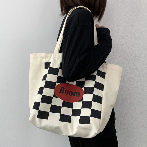Bolso Tote De Lona Con Estampado De Damero Gran Capacidad Bolso De Hombro Casual Estilo Retro Mujeres