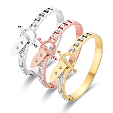 Stainless Steel Rhinestone Bangle Bracelet With Buckle Design Gold Silver Rose Gold Pave Hand Jewelry For Women Fashion