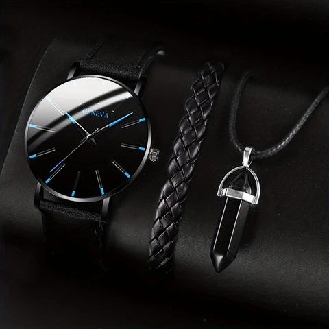 Men Quartz Watch And Braided Leather Bracelet And Hexagonal Stone Pendant Necklace Minimalist Business Fashion Accessories