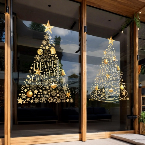 Christmas Tree Window Static Stickers Gold Snowflakes Stars Pattern PVC Glue Free Festive Holiday Store Decoration