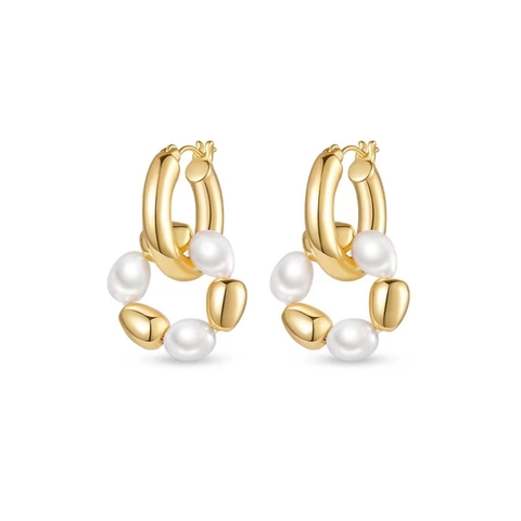 Boucles D'oreilles Créoles Perles D'eau Douce Baroques Cuivre Plaqué Or 18 Carats Irrégulières Asymétriques Pour Femmes