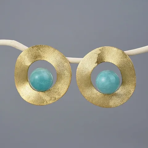Minimalist 925 Sterling Silver Geometric Round Stud Earrings For Women Gold Silver Plated Natural Amazonite Lapis Stone Jewelry