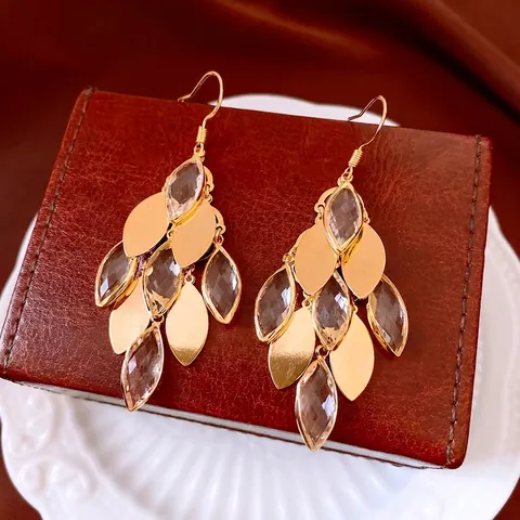 Vintage Vergoldete Kupfer Ohrhänger Mit Marquise Glas Blatt Design Elegante Böhmische Schmuck Für Damen