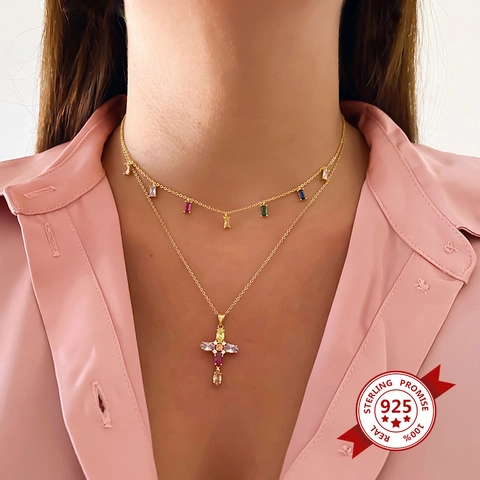 Collar De Arcoiris De Plata De Ley 925 Con Colgante De Cobre Y Zirconia Baguette Colorida Cadena De Clavícula Minimalista Para Mujeres