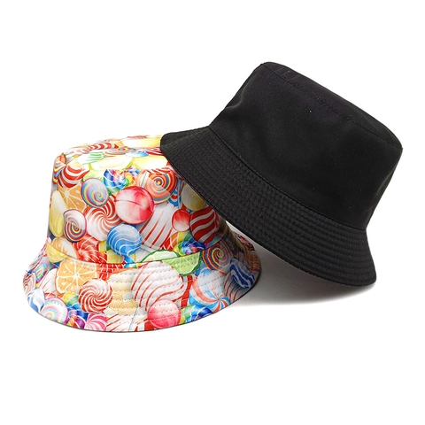 Vissershoed Omkeerbaar Kleurrijke Snoep Lolly Print Polyester Zonbescherming Buiten Reizen Mode Vintage Voor Dames