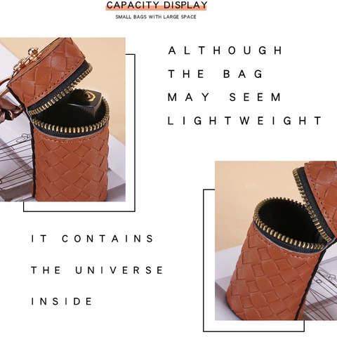 Mini Cylindrical Lipstick Bag Woven PU Leather Portable Coin Purse Keychain Charm With Decorative Scarf For Women