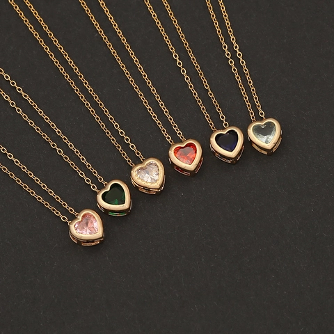 Heart Pendant Necklace Copper Stainless Steel Colorful Rhinestone Elegant Minimalist Gold Plated Clavicle Chain Jewelry For Women
