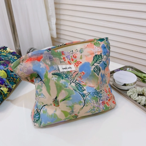 Trousse De Maquillage En Coton Floral Style Peinture À L'Huile Pochette De Toilette Organisateur De Voyage Doublure En Toile Pour Femmes