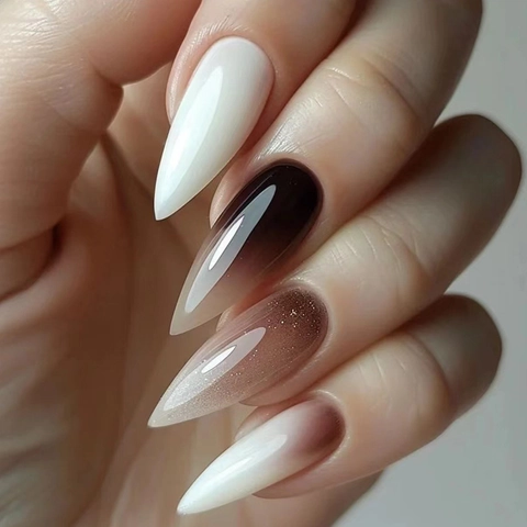 Uñas Postizas Press On Long Stiletto Degradado Café Marrón Blanco Brillo Purpurina Plástico ABS Manicura Elegante Para Mujeres