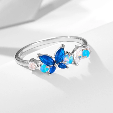925 Sterlingsilber Schmetterling Ring Für Damen Gold Silber Plattiert Blau Opal Strass Eingelegt Finger Schmuck Mode Täglich Accessoire