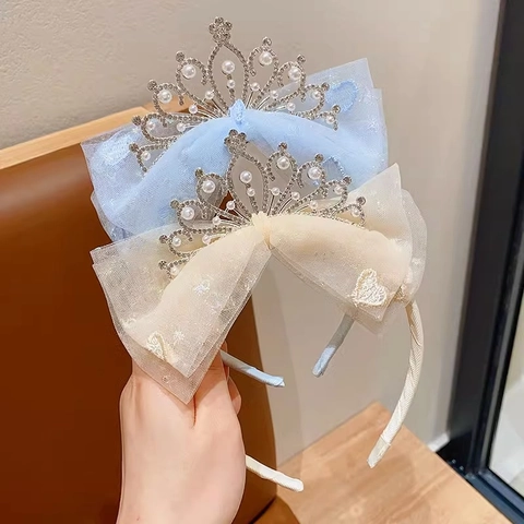 Cerchietto Con Corona Da Principessa Per Ragazze Lega Strass Perla Artificial Mesh Pizzo Fiocco Dolce Festa Di Compleanno