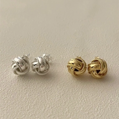 Pendientes de Botón con Nudo de Plata de Ley S925 para Mujer Minimalistas Vintage Textura Tejida Geométricos Pequeña Joyería