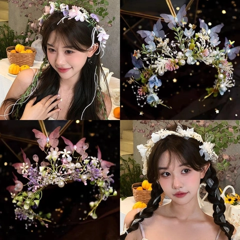 Floral Schmetterling Kranz Stirnband Mit Kunstperlen Stoffblumen Netz Bändern Für Hochzeit Party Blumenmädchen Fee Stil