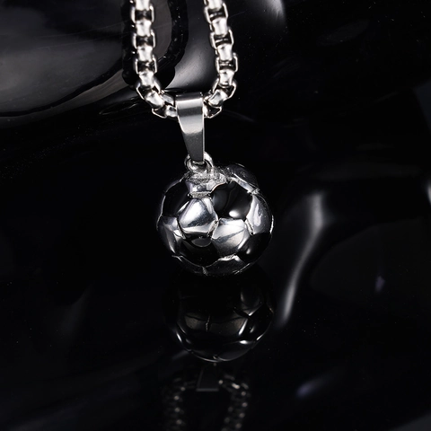 Collana Con Pendente Pallone Da Calcio Acciaio Inossidabile Lucidato Gioielli Smalto Nero Sport Uomo Donna