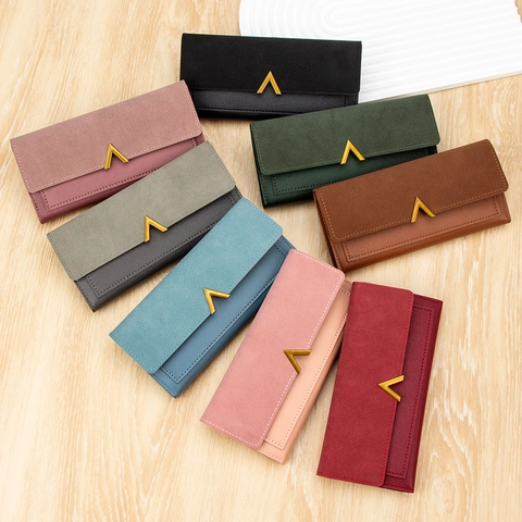 Womens Long Wallet PU Leather Spliced Patchwork Gold V Metal Buckle Bifold Multi Card Slots Clutch Purse Fashion Simple