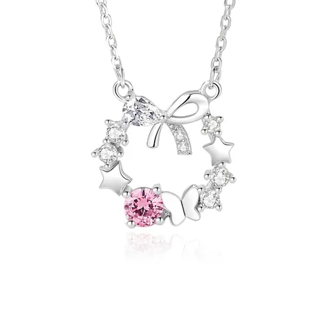 S925 Sterling Zilver Vlinder Ster Strik Hanger Halsketting Met Roze Zirconia Lichte Luxe Sleutelbeen Ketting Vrouwen Sieraden