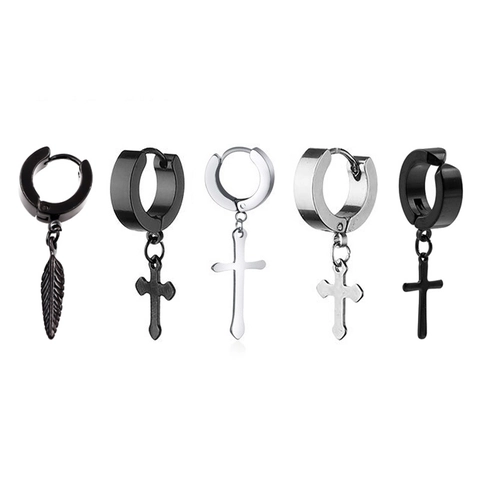 Orecchini A Cerchio In Acciaio Inossidabile Con Ciondoli Croce Piuma Stile Hip Hop Punk Gothic Gioielli Per Uomo E Donna
