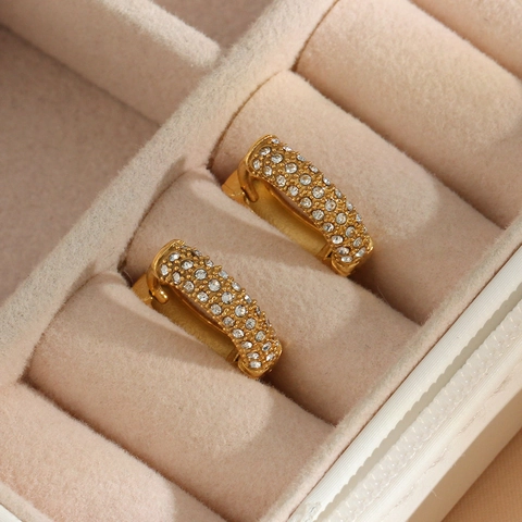 Edelstahl Creolen 18K Vergoldet Zirkonia Vollbesetzt Runde Ohrringe Mode Eleganter Schmuck Für Damen