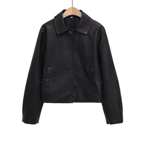 Women Faux Leather Jacket Short PU Moto Biker Coat Lapel Zip Up Solid Black Chic Long Sleeve Outwear