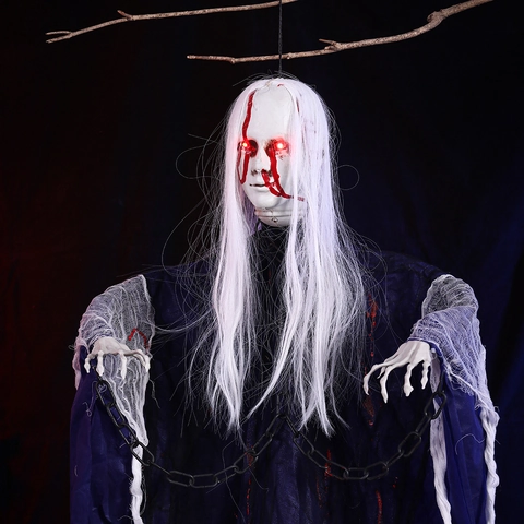 Halloween Hangende Geest Decoratie Stemgeactiveerd Gloeiende Ogen Eng Geluid Wit Haar Kettingen Blauwe Robe Rekwisiet