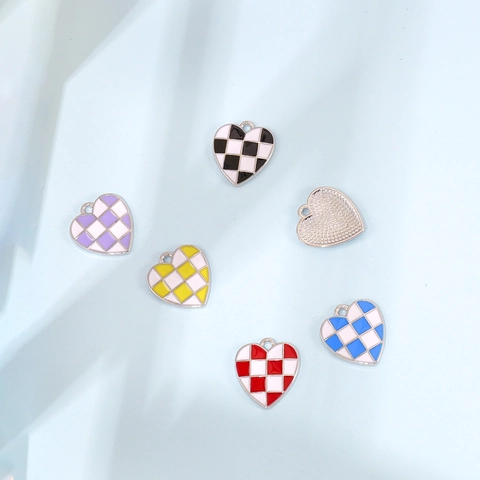 Heart Charms Checkerboard Enamel Alloy DIY Jewelry Making Accessories For Bracelets Necklaces Colorful Fresh Style
