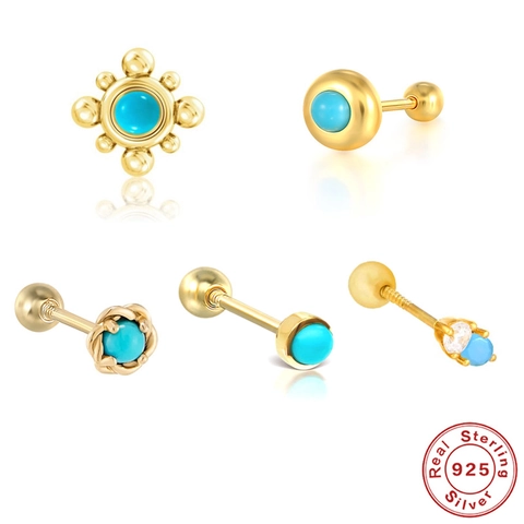 925 Sterling Silver Ear Cartilage Stud Vintage Turquoise Helix Piercing Screw Back Flower Tragus Jewelry For Women