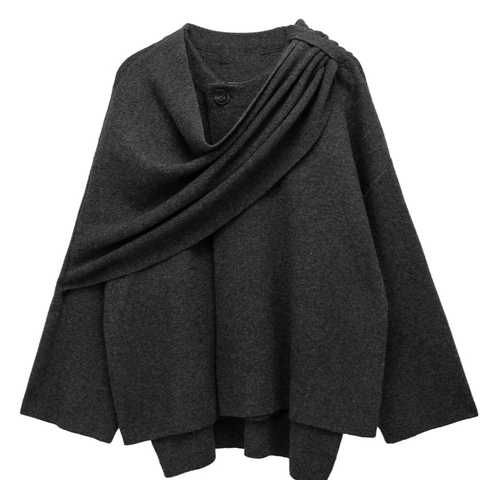 Women Asymmetric Scarf Collar Knit Jacket Short Poncho Wrap Cape Coat Solid Color Minimalist Elegant Outerwear