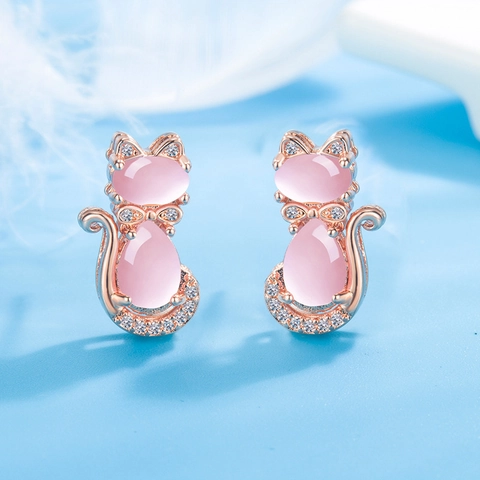 Rose Gold Plated Copper Pink Rose Quartz Cat Stud Earrings Cute Animal Rhinestone Inlaid Earrings For Women Jewelry Gift