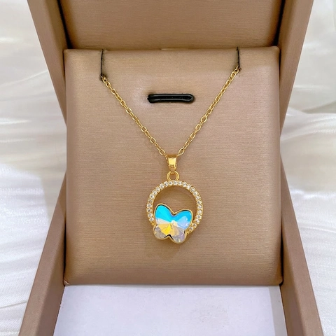 Vlinder Hanger Ketting Roestvrij Stalen Ketting Koper Micro Pave Zirkoon Aurora Kristal Elegante Sieraden Voor Dames