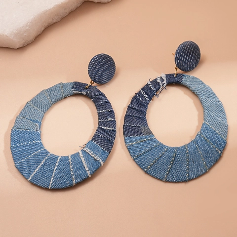 Ovale Hoop Oorbellen Denim Stof Patchwork Ontwerp Legering Sieraden Met 925 Sterling Zilveren Oorsteker Retro Boho