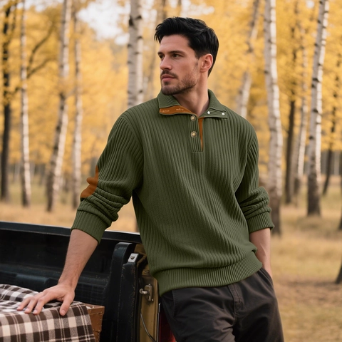 Haut Polo En Maille Homme Manches Longues Jacquard Polyester Pull Côtelé Col Montant Boutonné Patch Coude Coupe Ajustée