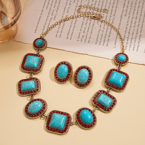 Vintage Bohemian Geometric Necklace And Earrings Alloy Turquoise Red Rhinestone Silver Earring Post Ethnic For Women