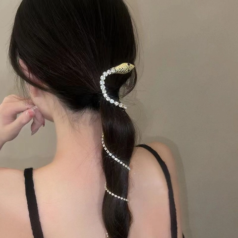 Pinza Para El Cabello Con Forma De Serpiente Aleación Diamantes De Imitación Borla Larga Brillante Clip De Pico De Pato Elegante