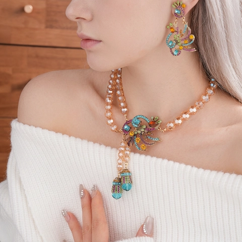 Collana E Orecchini Pavone Con Strass Perle Di Vetro Perno In Argento Vintage Gioielli Boho Per Donne